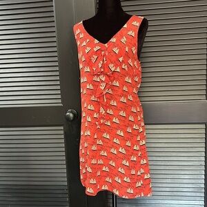 Postella Anthropologie 100% Silk Nautical Ship Print Red Ruffle Dress, Size S